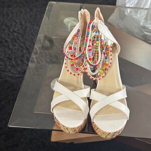 White Platform Sandals with Colorful Beaded Ankle Straps